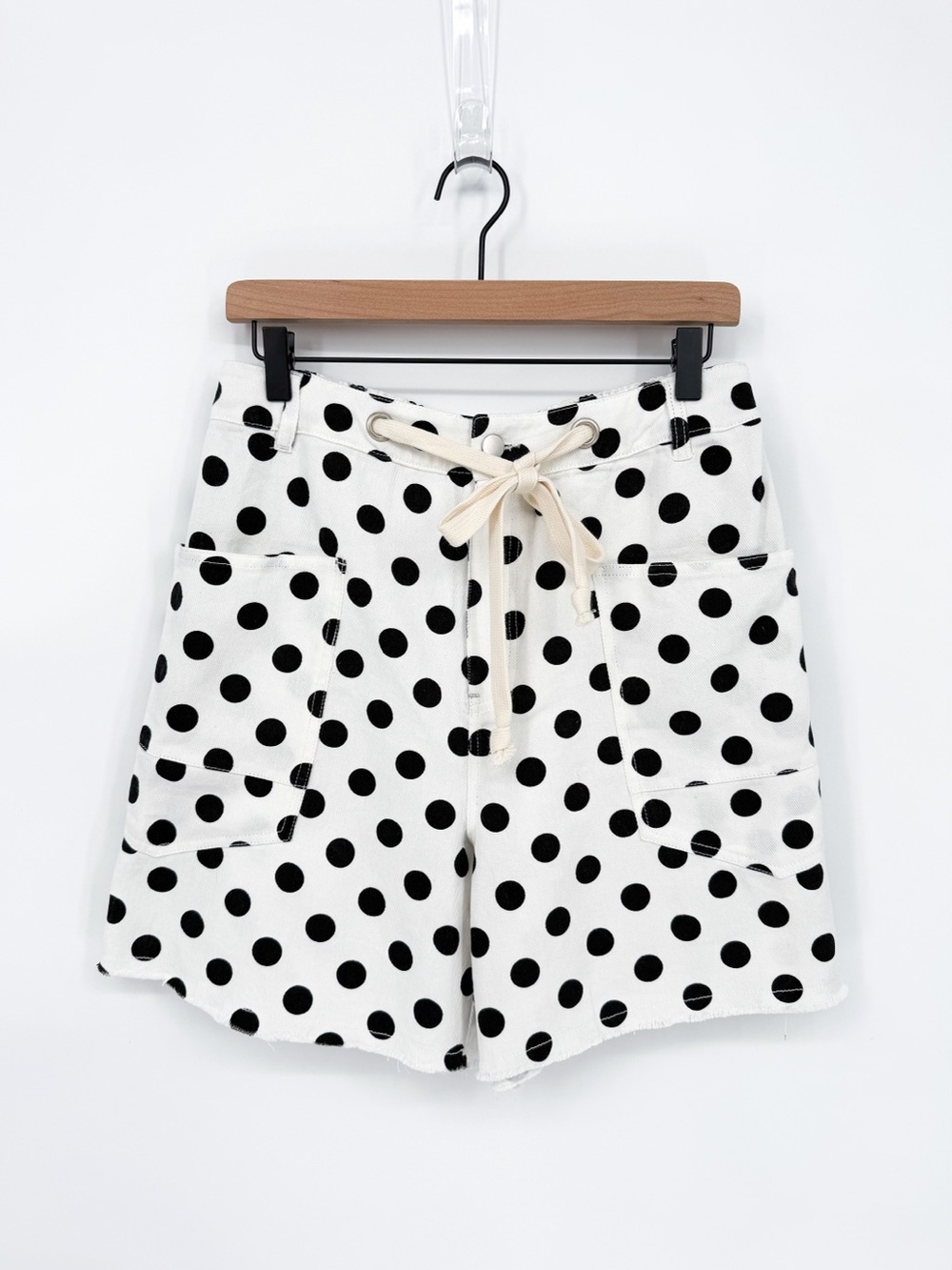 NWT Oddi Polka Dot Denim Utility Shorts White Black Raw Hem Elastic Back Medium